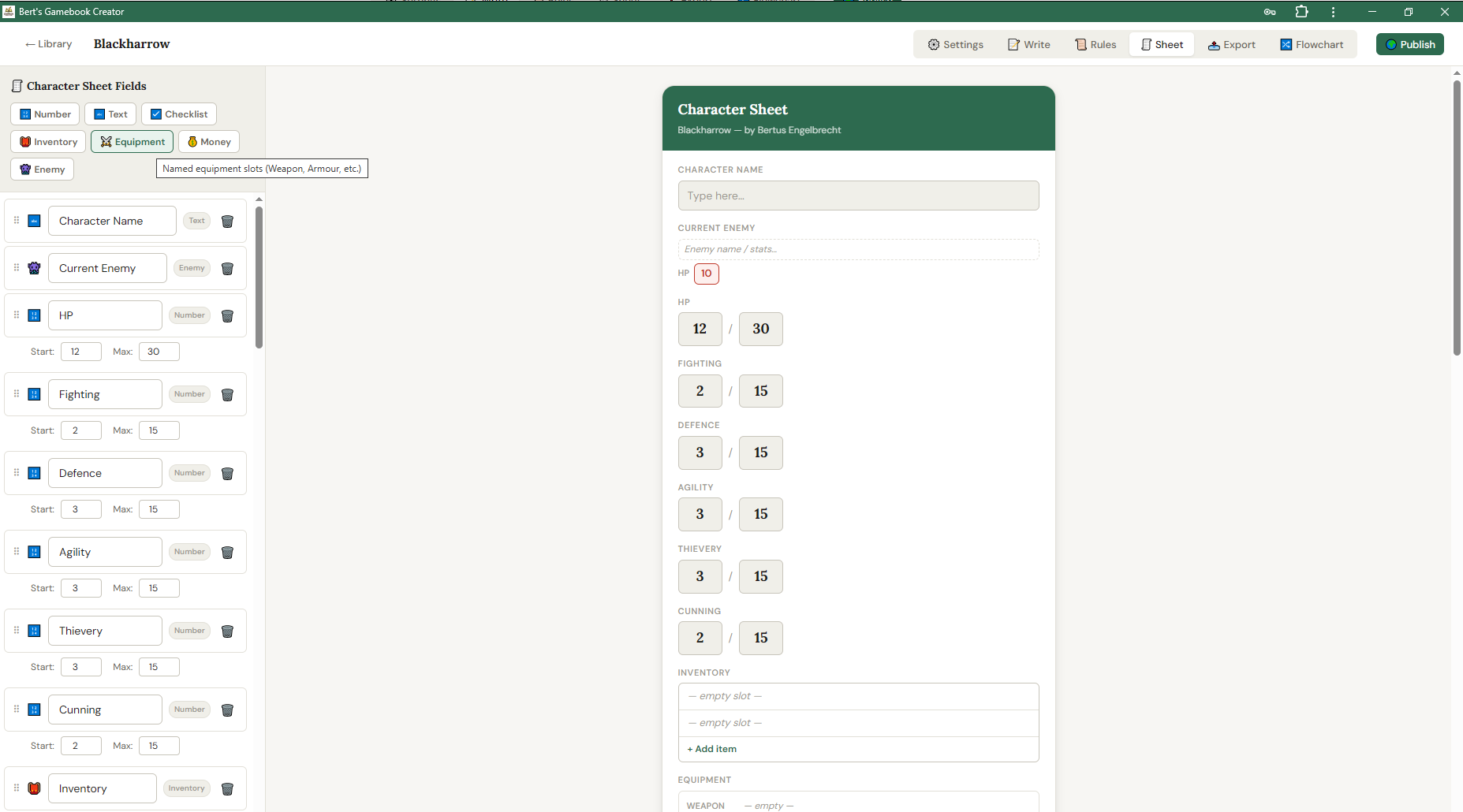 Character sheet builder with field types and live preview