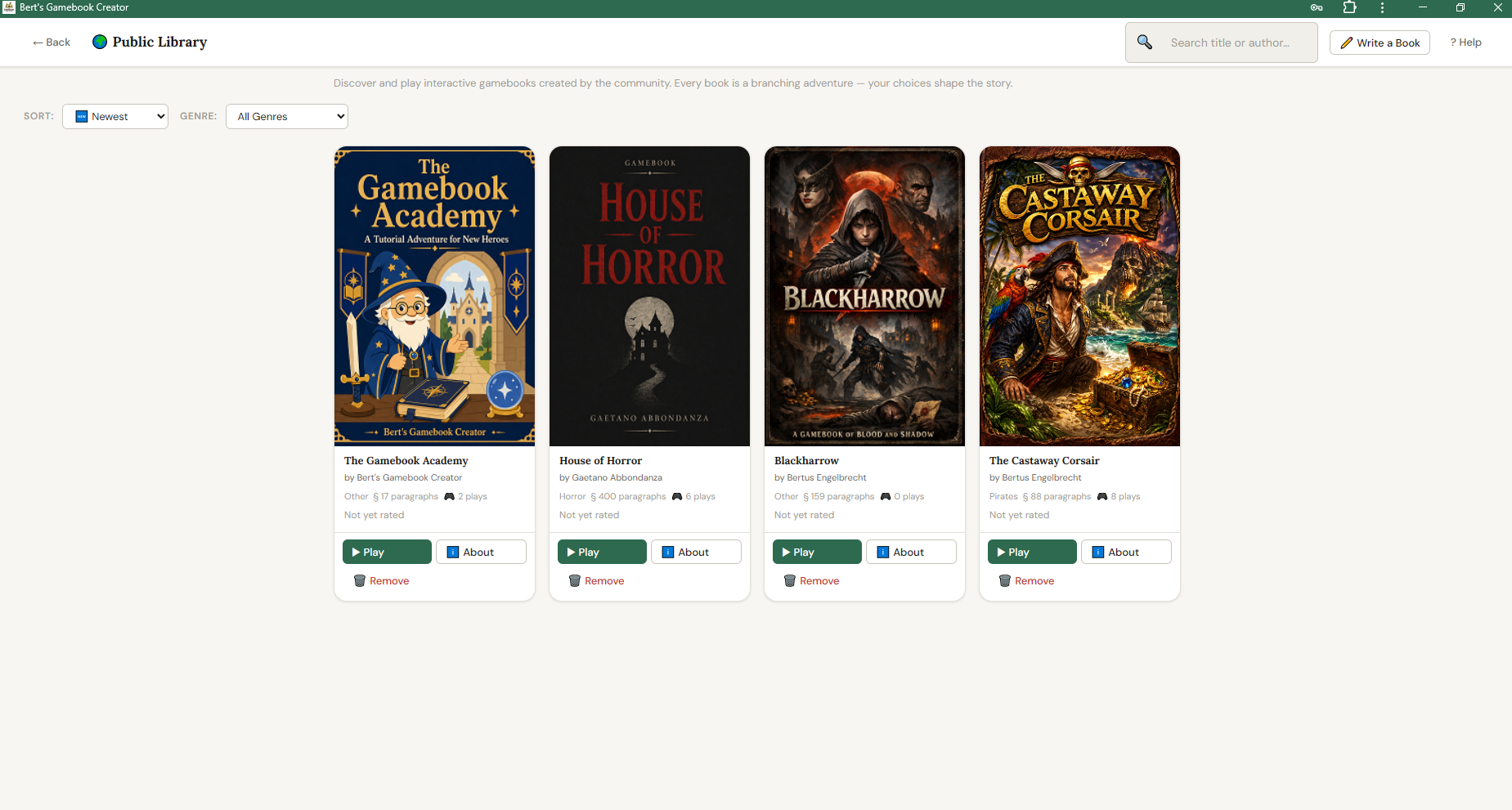 Public Library browser with community gamebooks