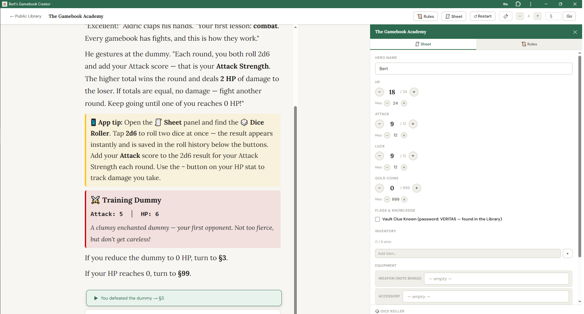 Reader mode showing paragraph text and character sheet with dice