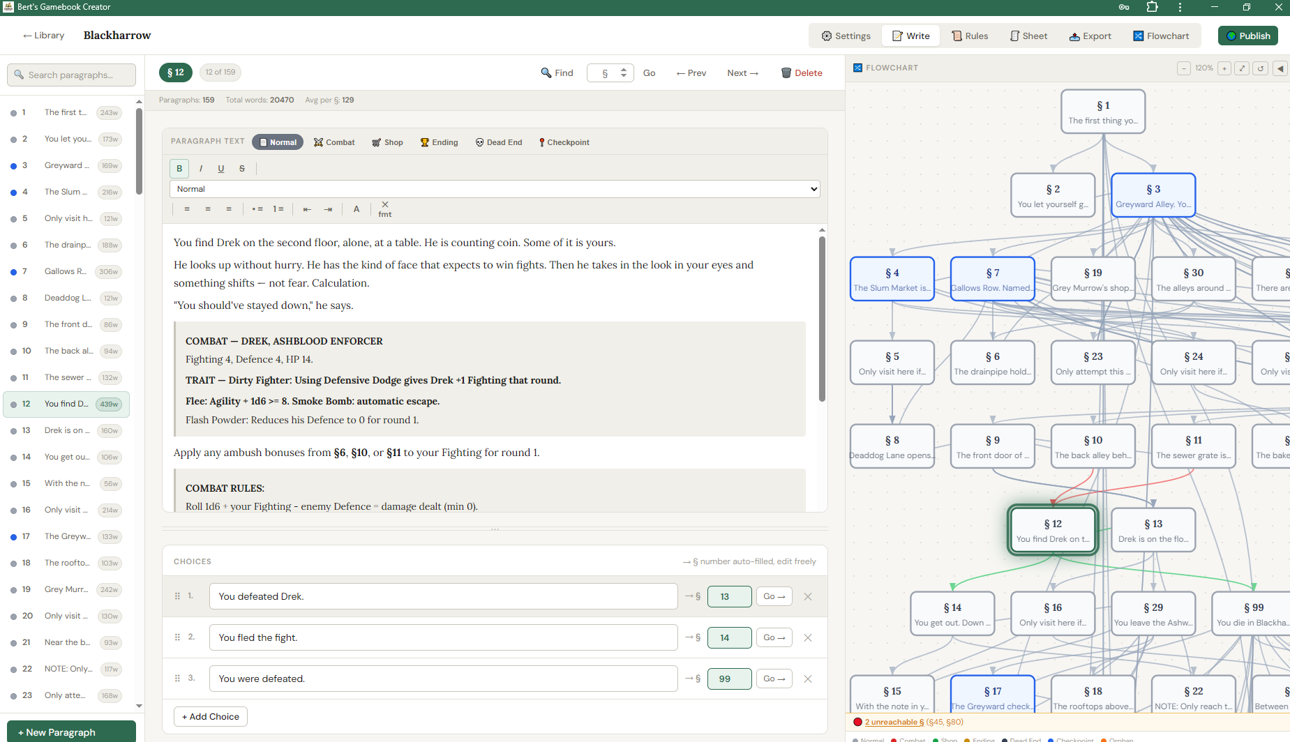 Write view with paragraph editor, sidebar, and flowchart